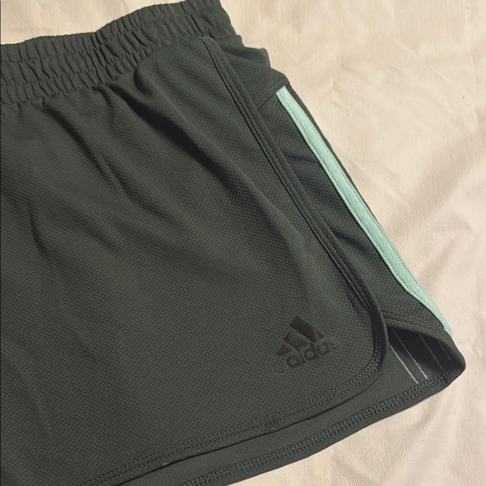 Adidas Army Green Athletic Shorts with Mint Stripe